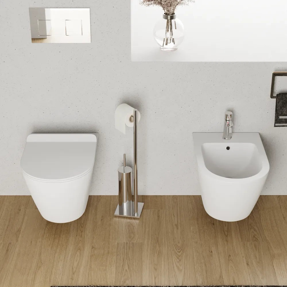 Sanitari sospesi in ceramica bianco opaco vaso tornado silent flush sedile soft-close e bidet | Sydney
