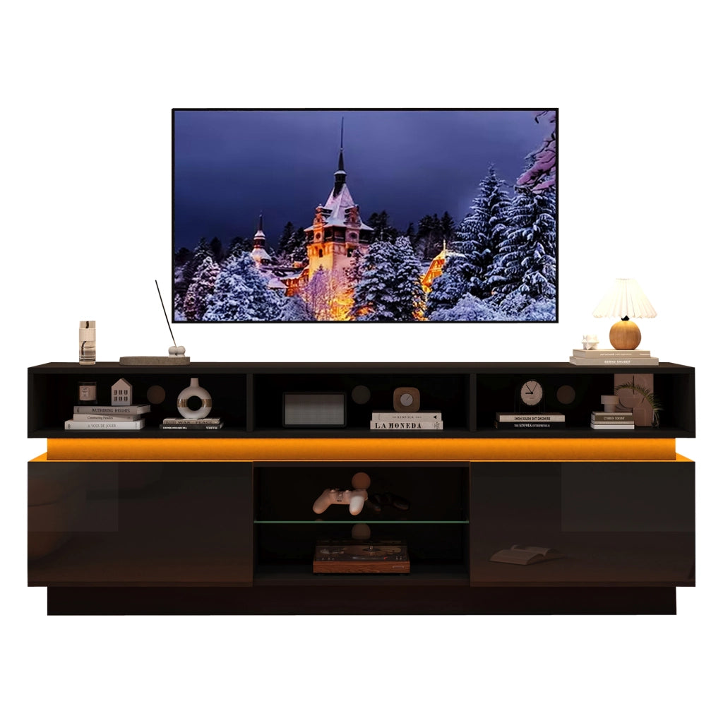 Mobile TV con LED e 10 vani; 160 x 35 x 60 cm; MDF e vetro temperato; nero