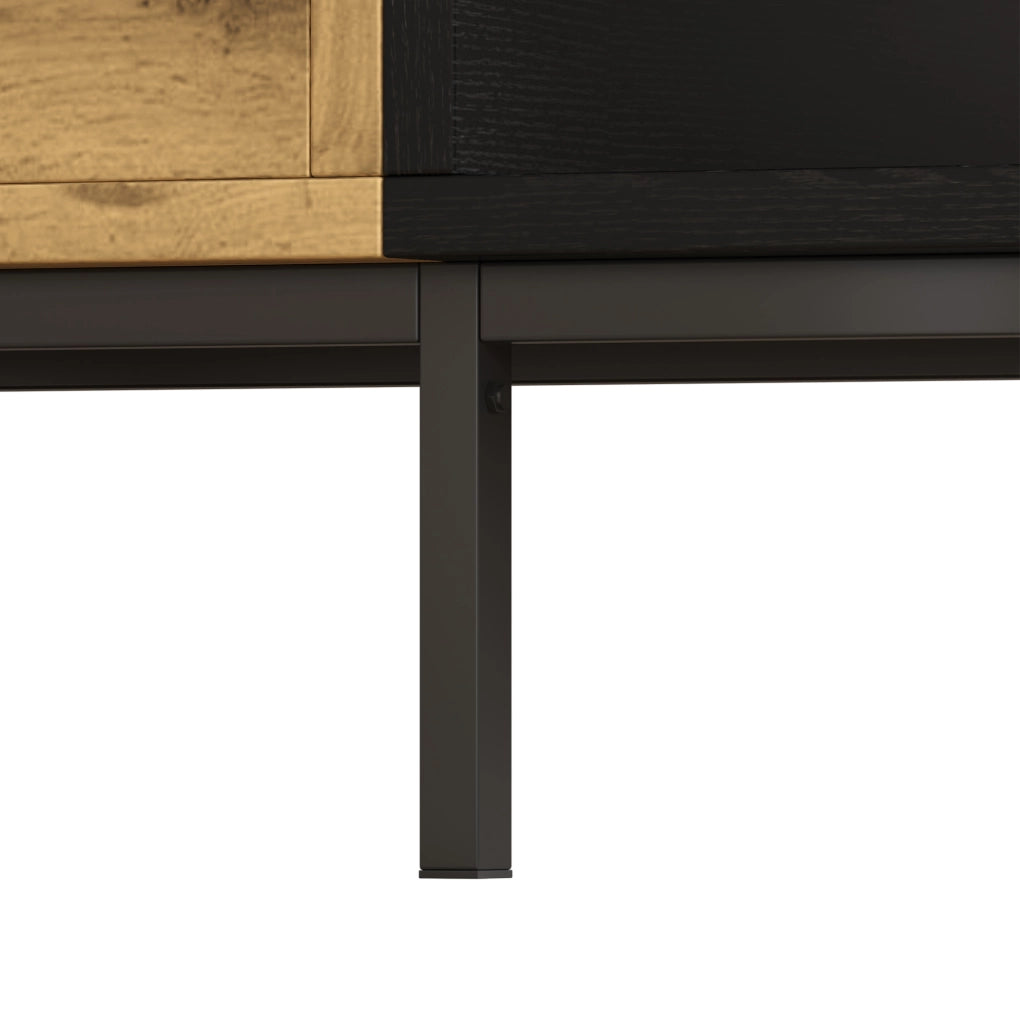 Tavolino da caffè con 3 vani aperti e cassetto 100x50x40 cm; truciolare effetto legno e nero