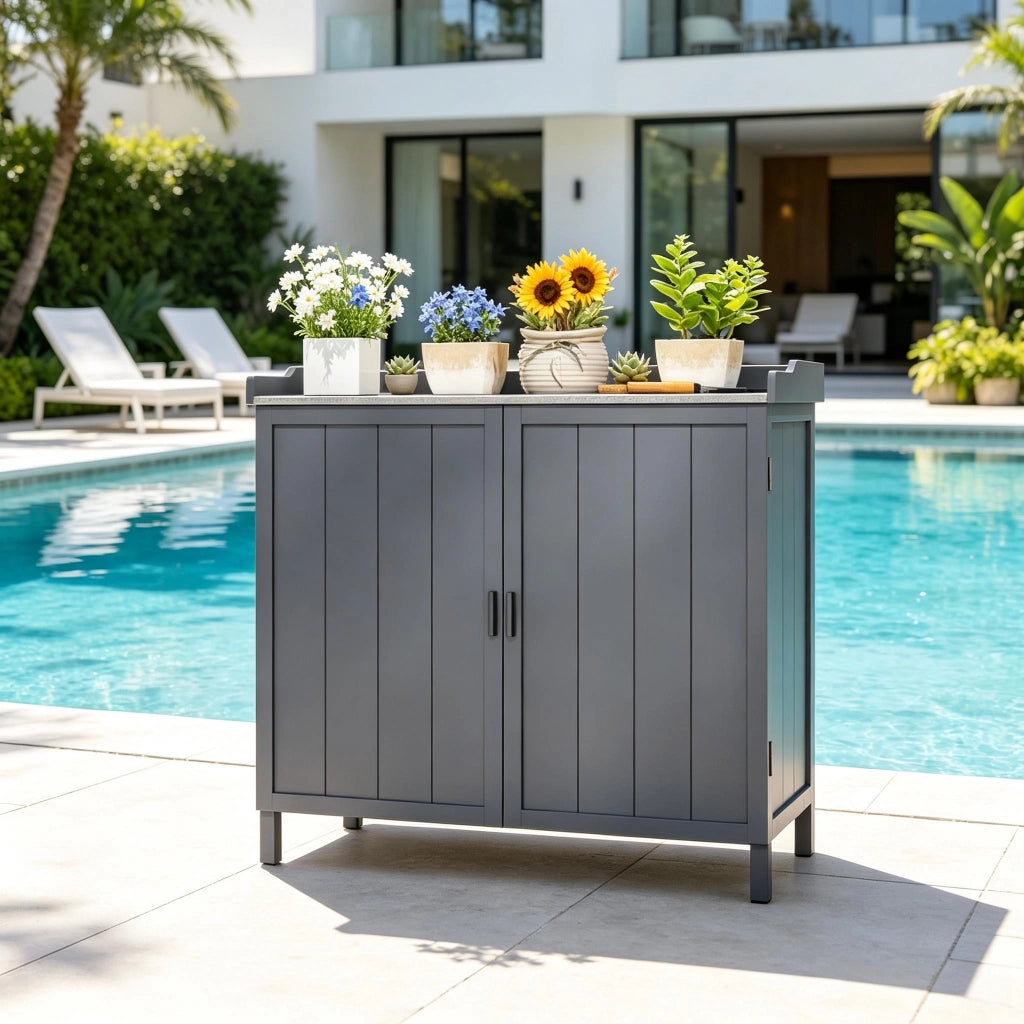 Mobile contenitore da giardino con 2 ante ripiano e piano di lavoro per balcone e terrazza 98×48×95.5 cm