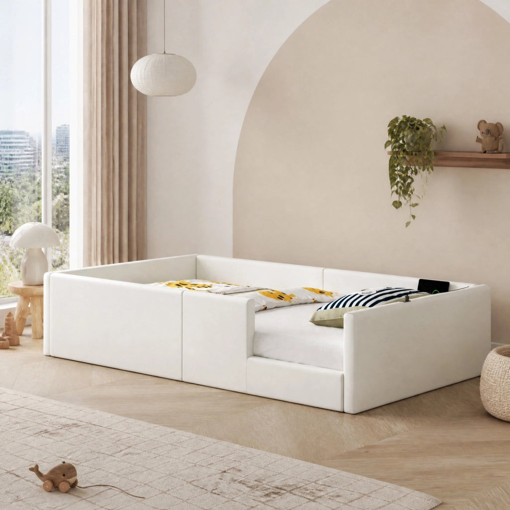 Letto piattaforma imbottito 90x200 cm con sponda di protezione e stazione di ricarica; bianco