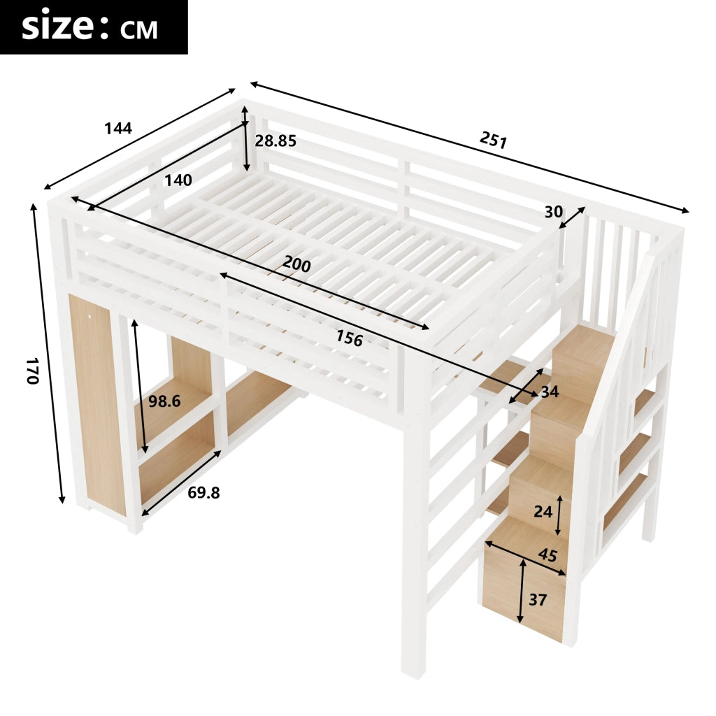 Letto a soppalco 140×200 cm 2 posti con scrivania, LED, USB, armadio e scaletta contenitore, senza materasso, metallo bianco