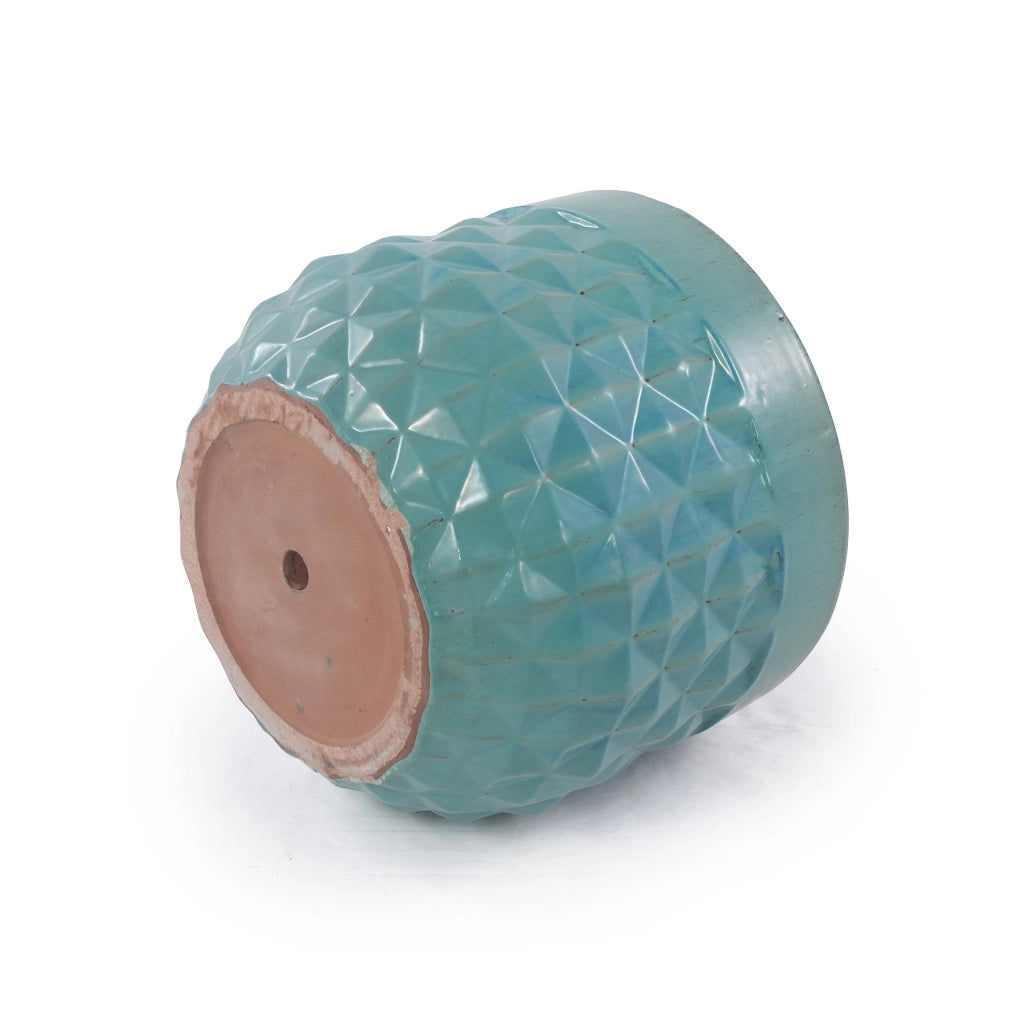 Set di 3 vasi in ceramica smaltata fatti a mano, diametri 36/29,5/21,5 cm, colore turchese con motivo a diamante, con fori di drenaggio, per interno ed esterno