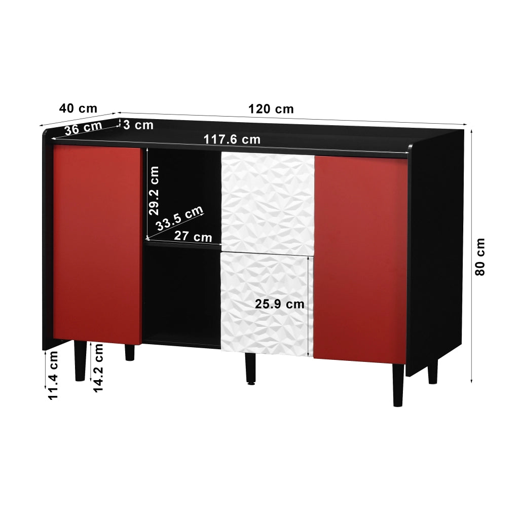 Credenza con 2 cassetti; vani aperti e armadietto chiuso in MDF nero e rosso 120 × 40 × 80 cm