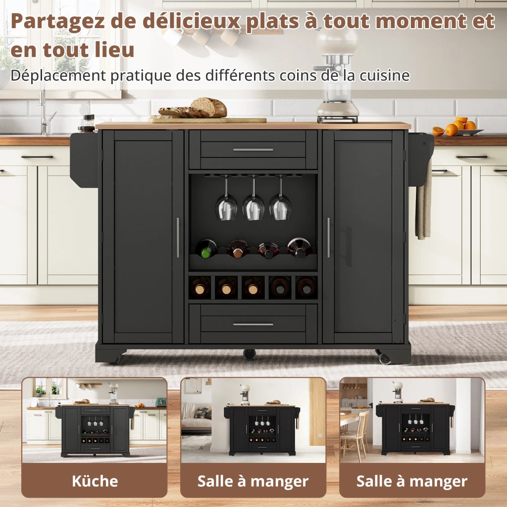 Carrello da cucina con piano pieghevole, 2 ante, 2 cassetti, portabottiglie e ruote per cucina e sala da pranzo