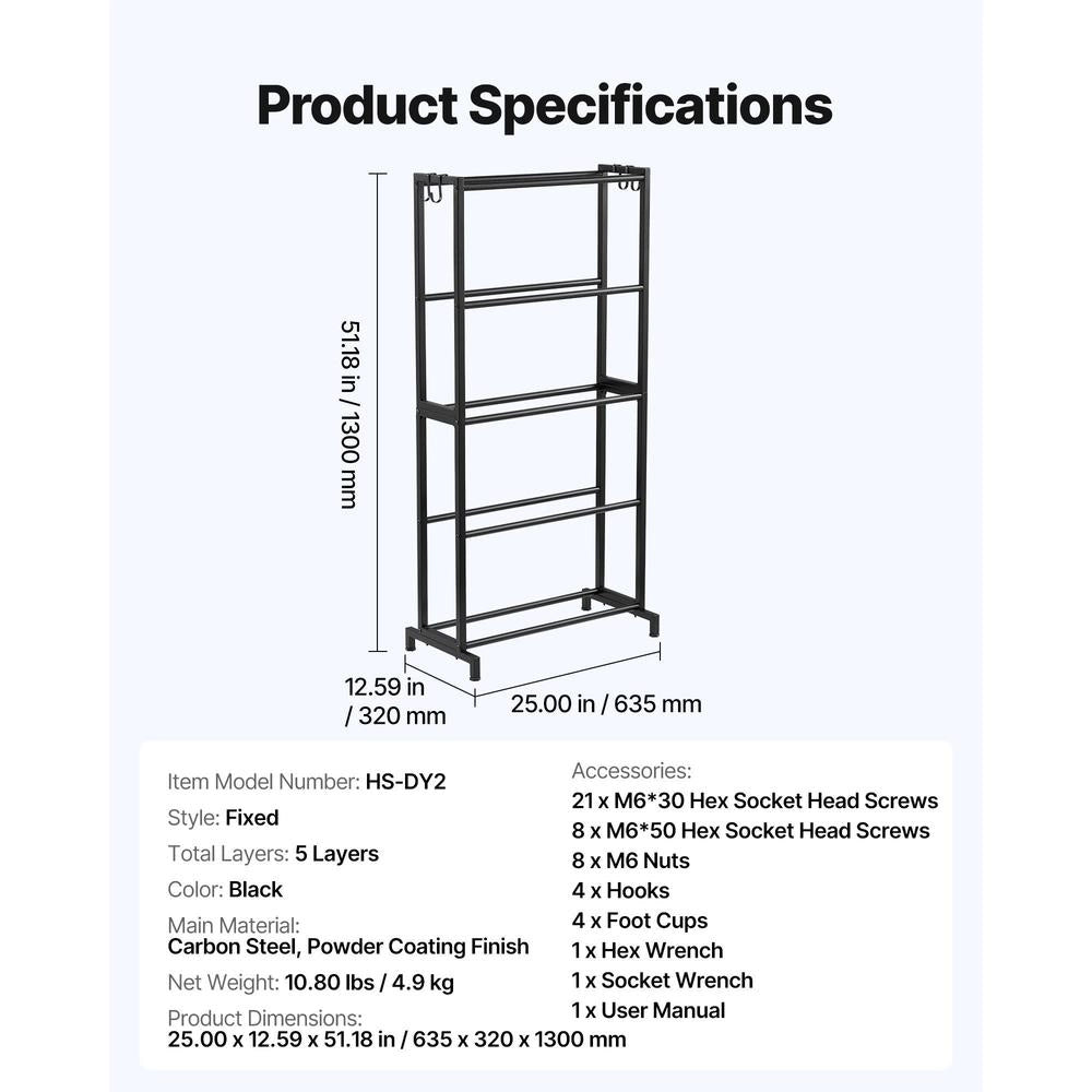 Filament Storage Rack For 3D Printers, 5 Levels, Filament Spool Holder, 635 X 320 X 1300 Mm, Load Capacity 45.3 Kg Per Level, 3D Printer Accessory Organizer For 3D Printing Studios And Workshops, Black