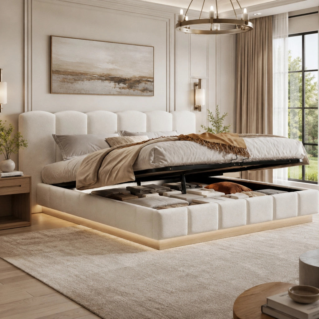 Letto contenitore 180x200 cm; matrimoniale con contenitore idraulico; rete a doghe; testiera; LED; bouclé; bianco