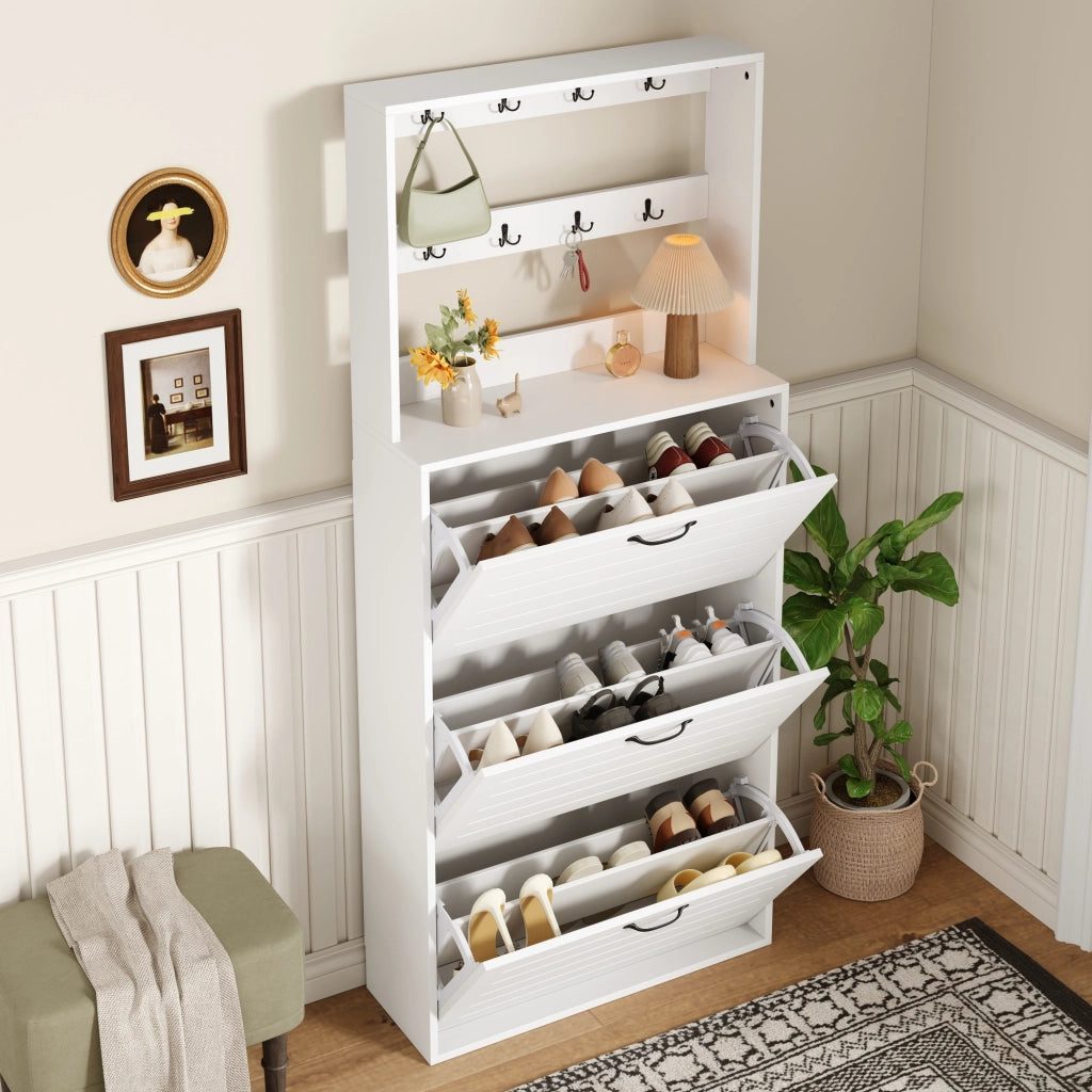 Scarpiera con 3 ripiani e 8 ganci per accessori, per ingresso e camera da letto, in truciolare bianco, 70 × 25 × 165 cm