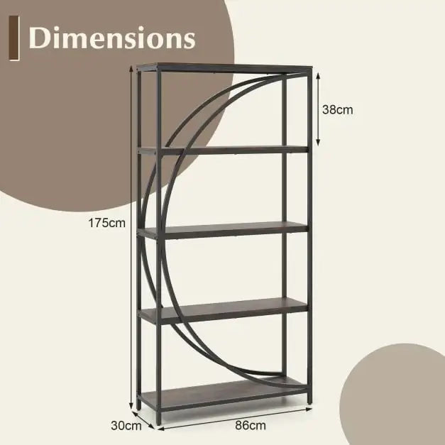 Libreria Industriale a 5 Ripiani Mobile Scaffale ad Arco in Metallo Marrone Rustico Robusto per Casa e Ufficio