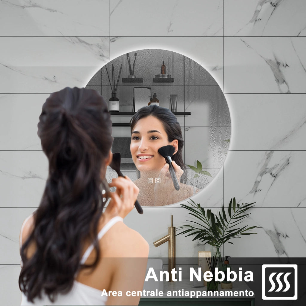 AICA Specchio da bagno 90 x 90 cm, 3 colori, antiappannamento, dimmerabile, interruttore touch, Funzione Memoria