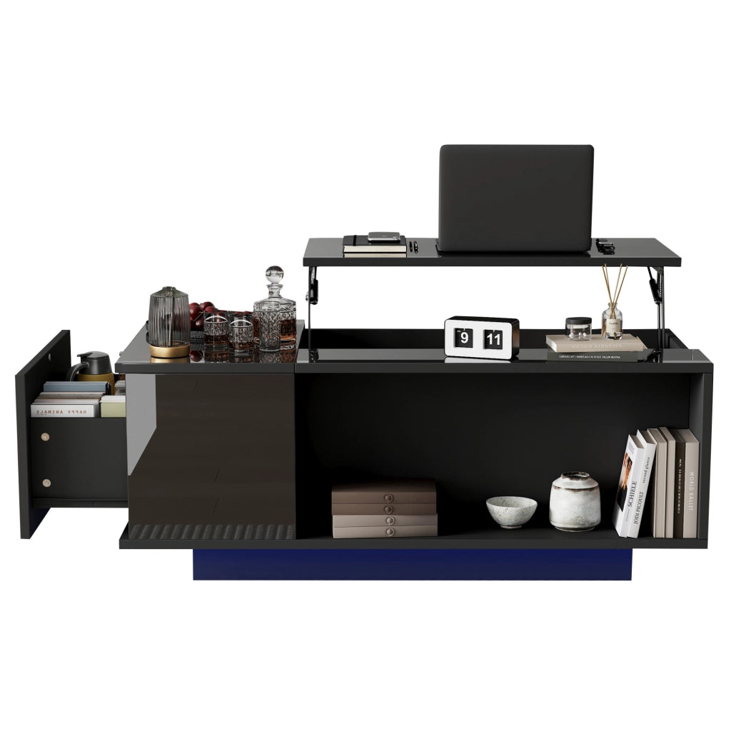 Tavolino da caffè elevabile 100 x 50 x 40 cm con vano nascosto; cassetto e LED Bluetooth nero