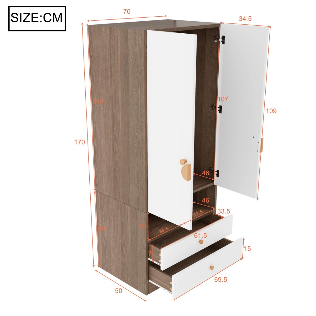 Armadio Singolo 70x50x170 cm con 2 Cassetti, Maniglie Cartoon e Piccole Mensole, Colore Legno
