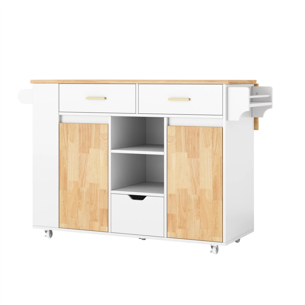 Isola da cucina mobile con piano ribaltabile; 3 cassetti e portaspezie a 3 livelli; bianco; 120x45(71)x90 cm