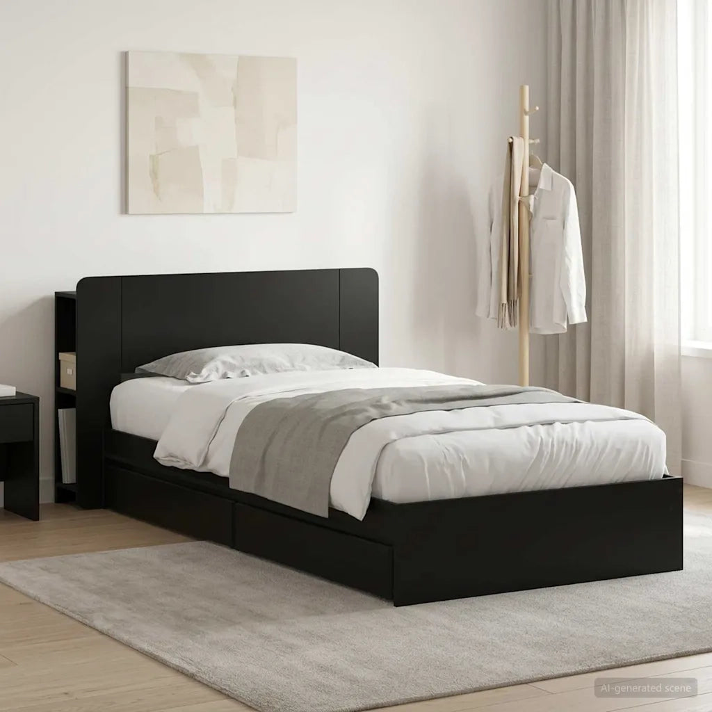Letto singolo | Letto per adulti | Telaio del letto con storage con cassetto Nero 75 x 190 cm