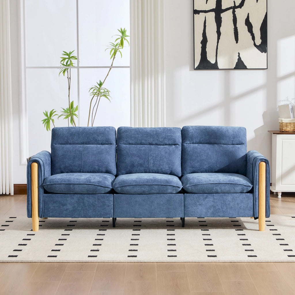 Divano a 3 posti in stile nordico con pouf contenitore, tessuto chenille blu, struttura in legno, design angolare L, ideale per soggiorni e spazi piccoli