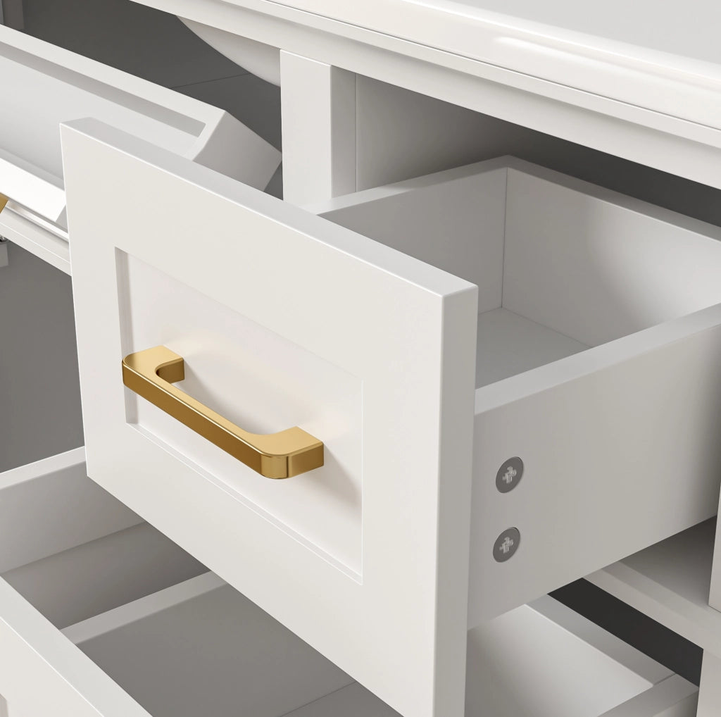 Mobile bagno bianco laccato 90x46x87 cm con lavabo in ceramica, doppia anta, 5 cassetti con ammortizzatori silenziosi e piedini in legno massello