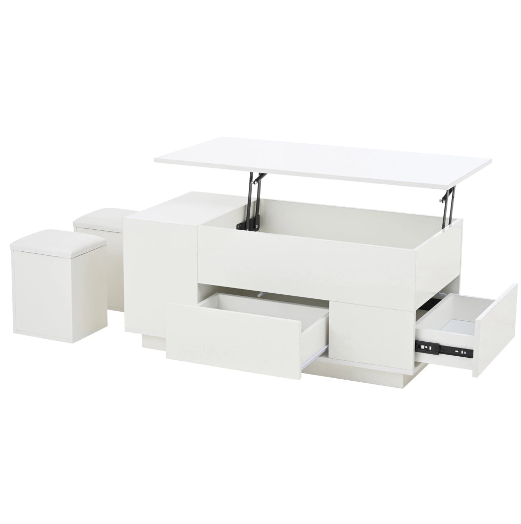 Tavolino da caff¨¨ elevabile 100x50 cm con LED, 2 cassetti e 2 sgabelli bianco
