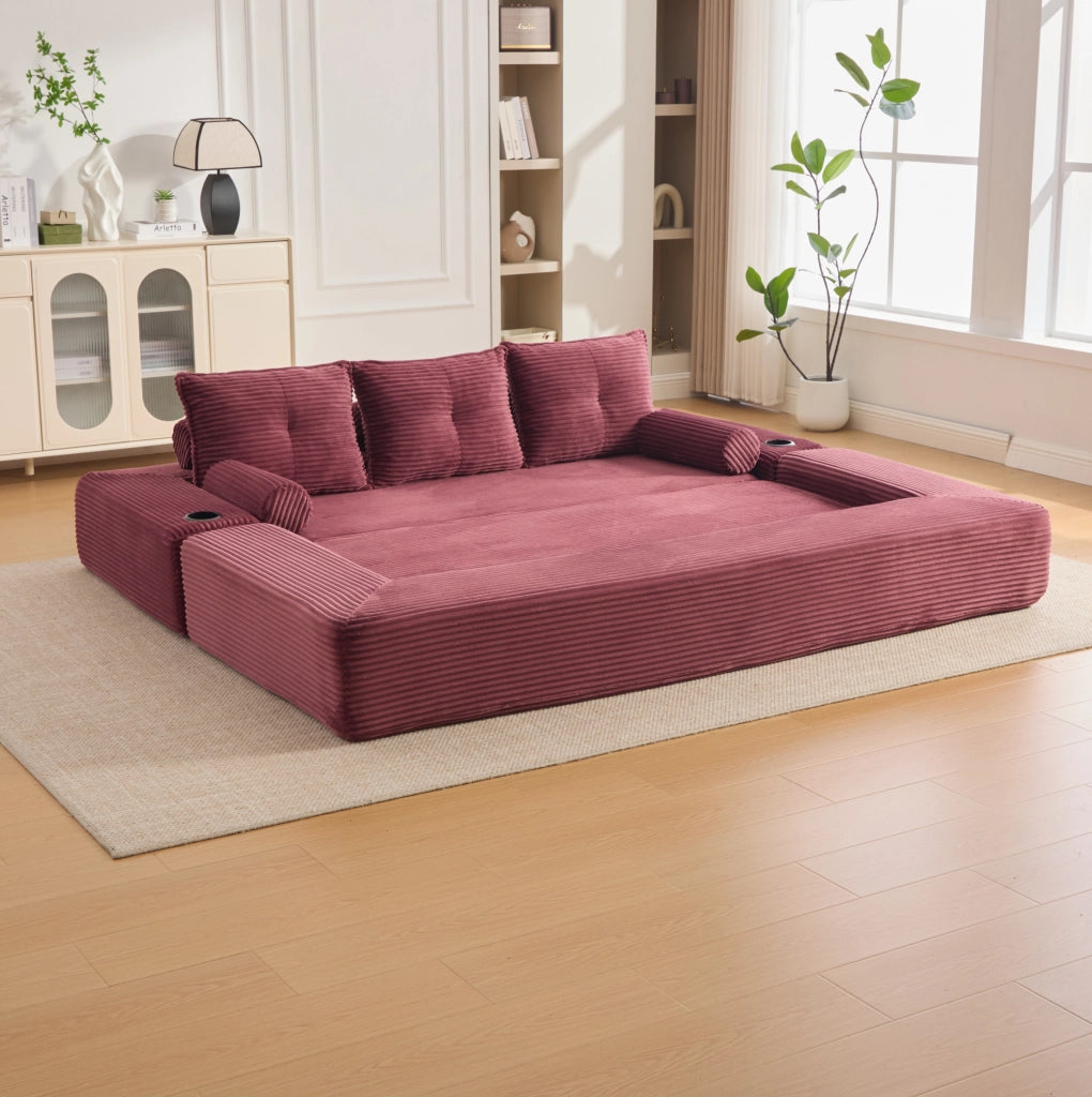 Divano letto modulare ULEVR 232x98 cm in velluto a coste rosso vino, con tasche laterali e portabevande