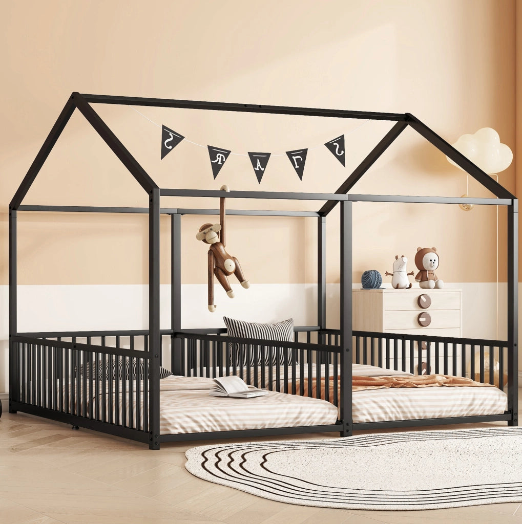 LETTO a casetta con sponde e scala 90x200 cm in metallo nero