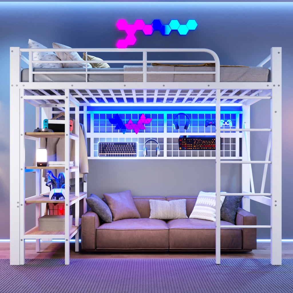 Letto a soppalco - Zephmum- 90x200 cm - Bianco - Telaio in ferro, ripiano, rete appendiabiti, spazio aperto, striscia LED