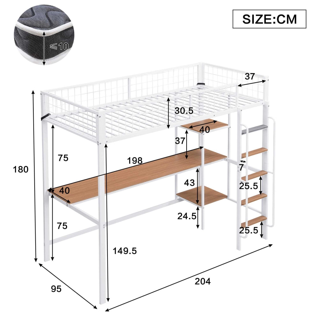 Letto a soppalco 90x200 cm bianco e naturale; metallo e MDF; scrivania; ripiani e scala a 5 gradini