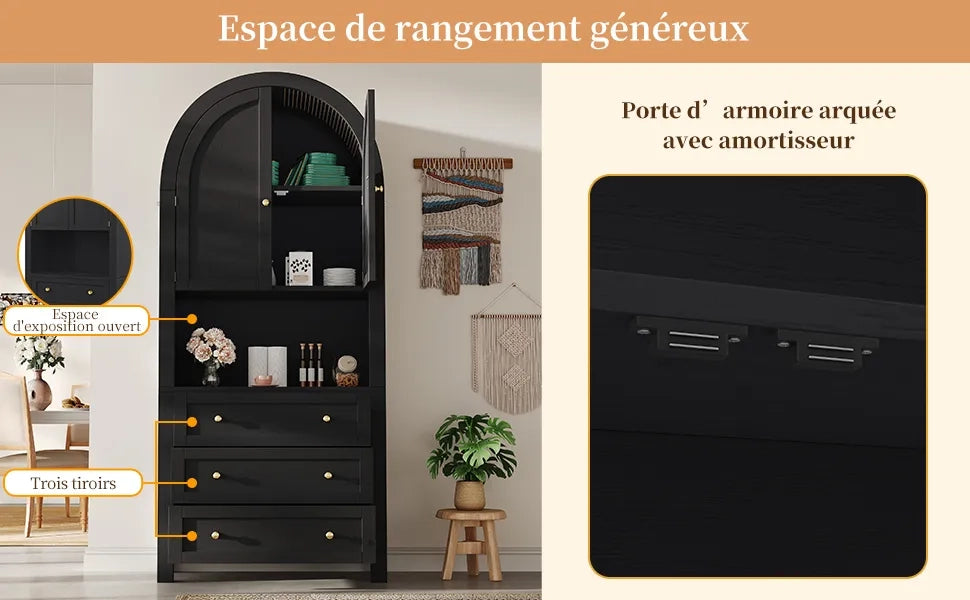 Mobile alto ad arco con cassetti e ante, nero, con zona espositiva aperta, per cucina e soggiorno