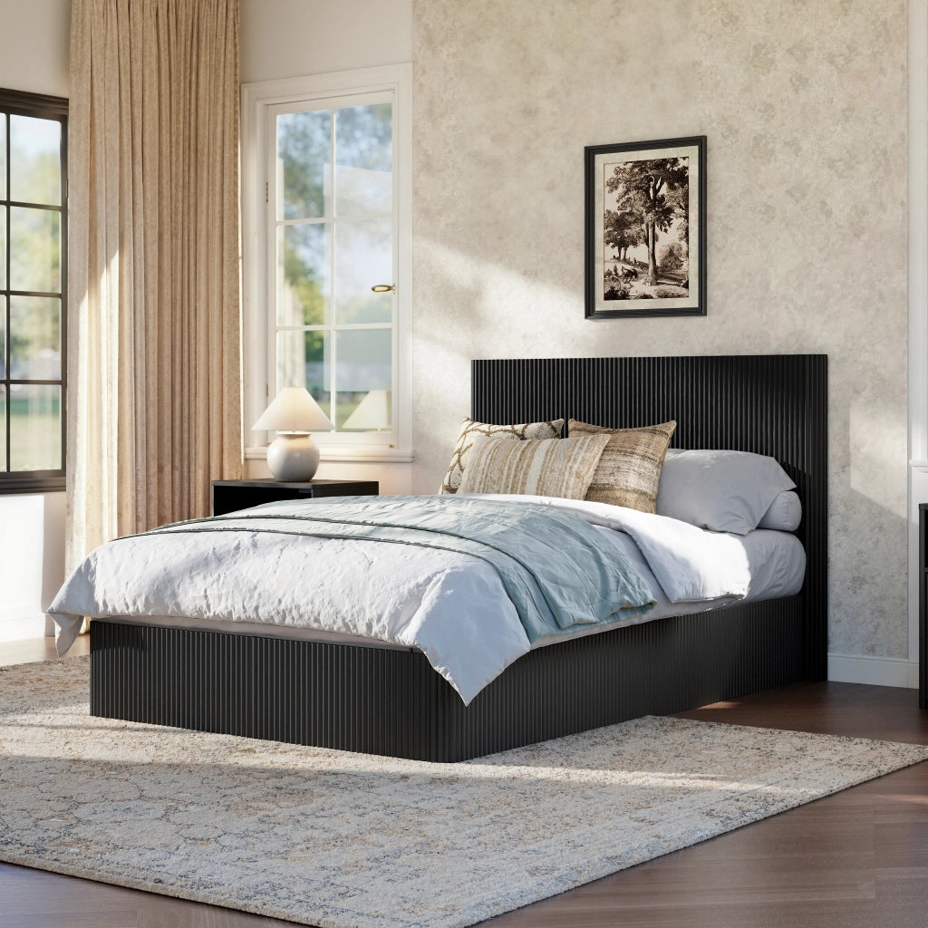 Letto con contenitore 140 × 200 cm con sollevamento idraulico struttura in acciaio doghe in legno nero