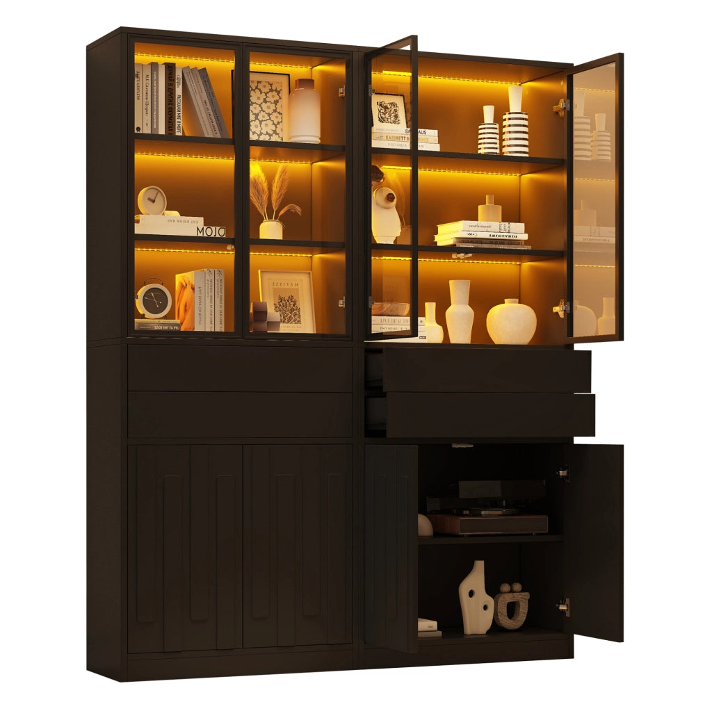 Set di 2 Vetrine Nero 70×34×180 cm in Truciolato con 2 Ante in Vetro, 2 Cassetti e Illuminazione LED Bluetooth