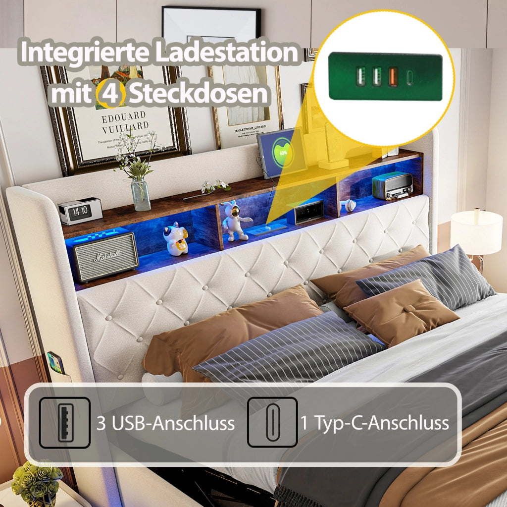 Letto matrimoniale imbottito 180x200 cm con LED, USB e contenitore idraulico, beige
