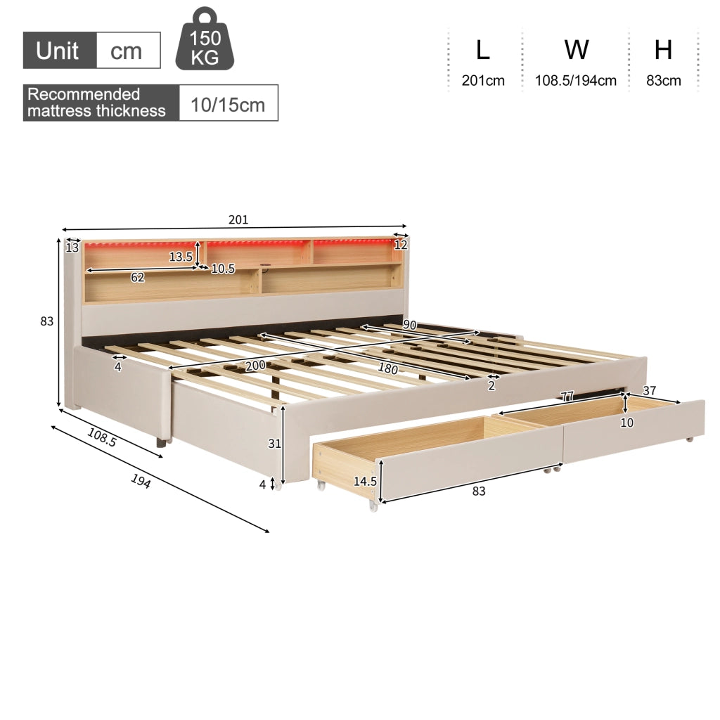 Letto con cassetti 90 × 200 cm estraibile fino a 180 × 200 cm in velluto beige con LED e porte USB