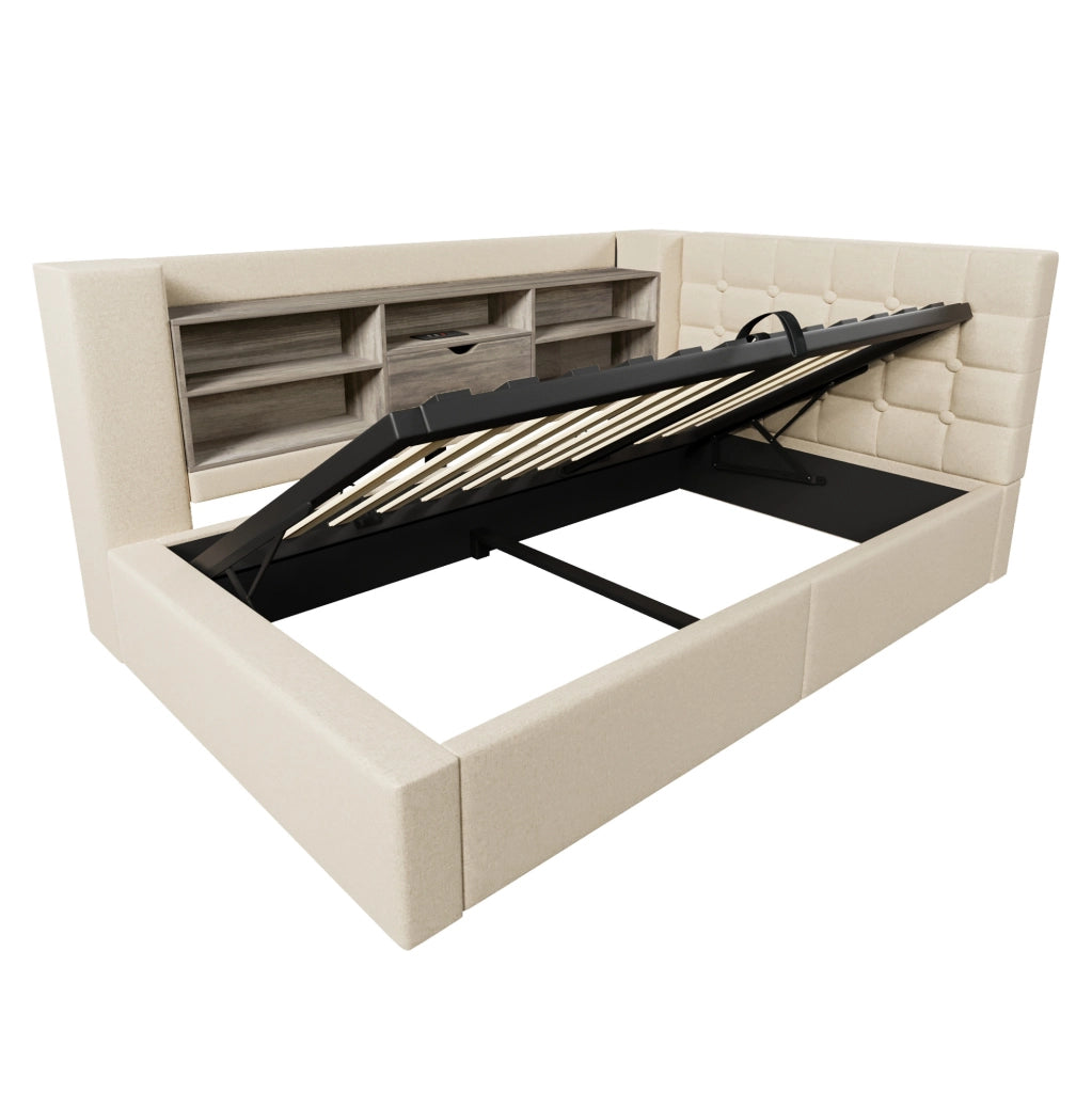 Letto singolo imbottito 90x200 cm con contenitore idraulico, testiera angolare reversibile, illuminazione LED e materasso incluso, tessuto in lino beige