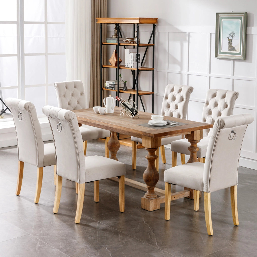 Set di 4 sedie da pranzo in velluto beige con gambe in legno di quercia