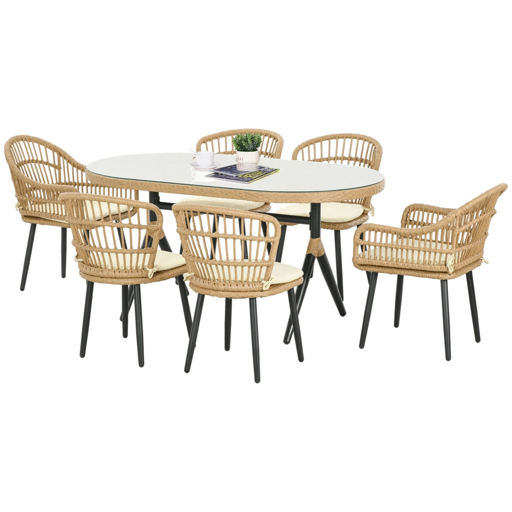 Set da Giardino 7 Pezzi in Rattan PE con Tavolo da Pranzo 153x89x74 cm e 6 Sedie 52x62x78 cm con Cuscini
