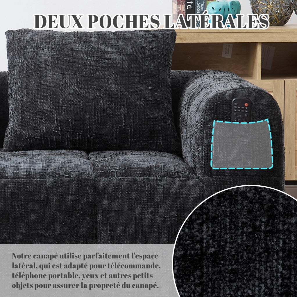 Divano comodo per 2 persone con chaise longue, tessuto chenille nero, cuscino incluso e tasche laterali per telecomando e cellulare
