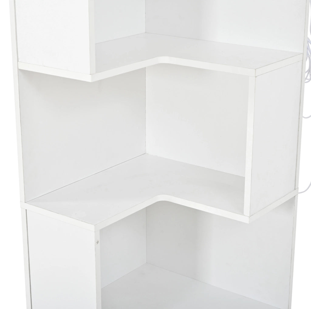 Libreria Angolare Bianca 165 cm con 4 Ripiani, LED Multicolore e 2 Cassetti, Mobile Soggiorno e Camera