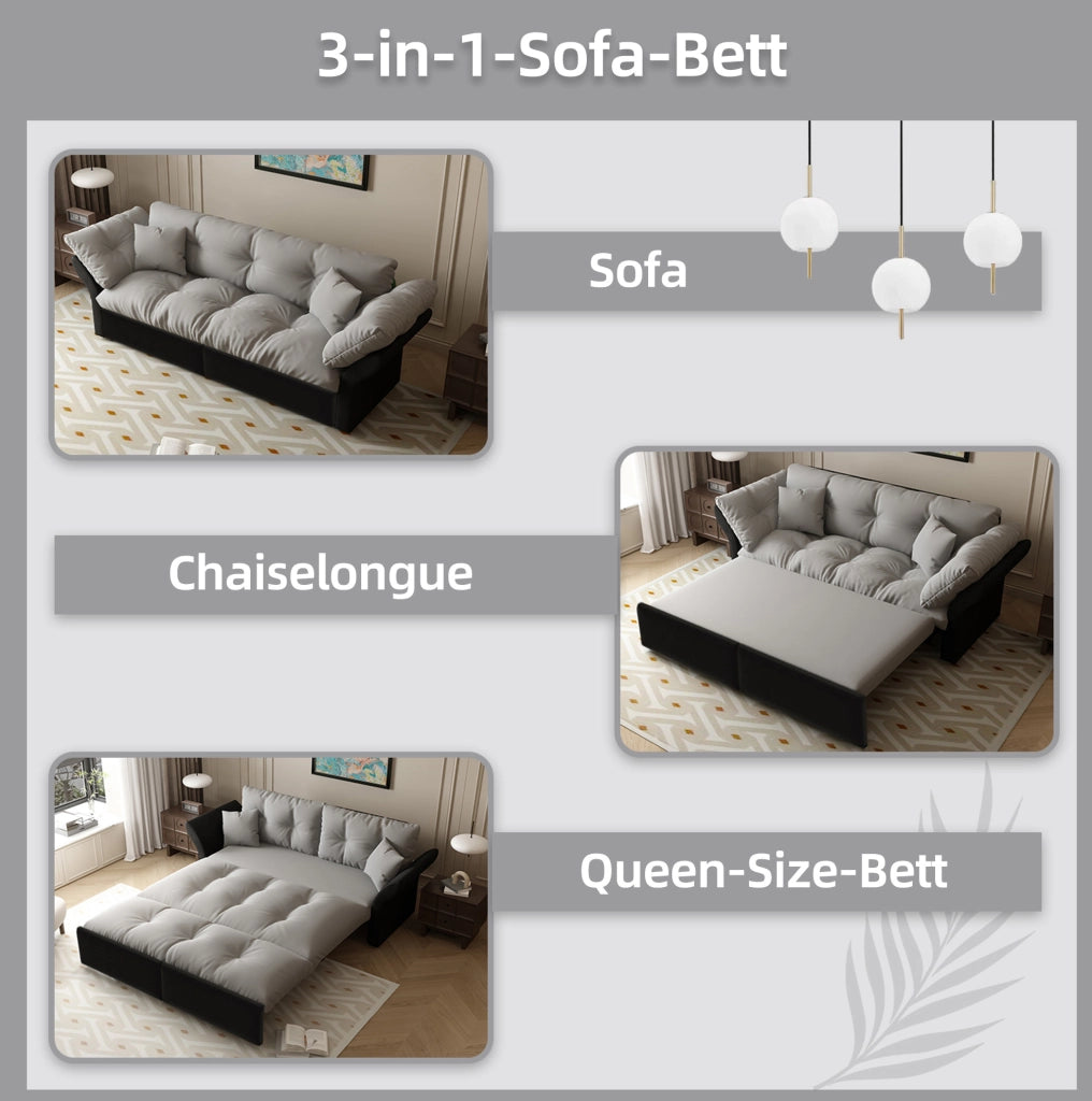 Divano letto estraibile 3-in-1 Queen size 190 cm in velluto grigio chiaro con due cuscini