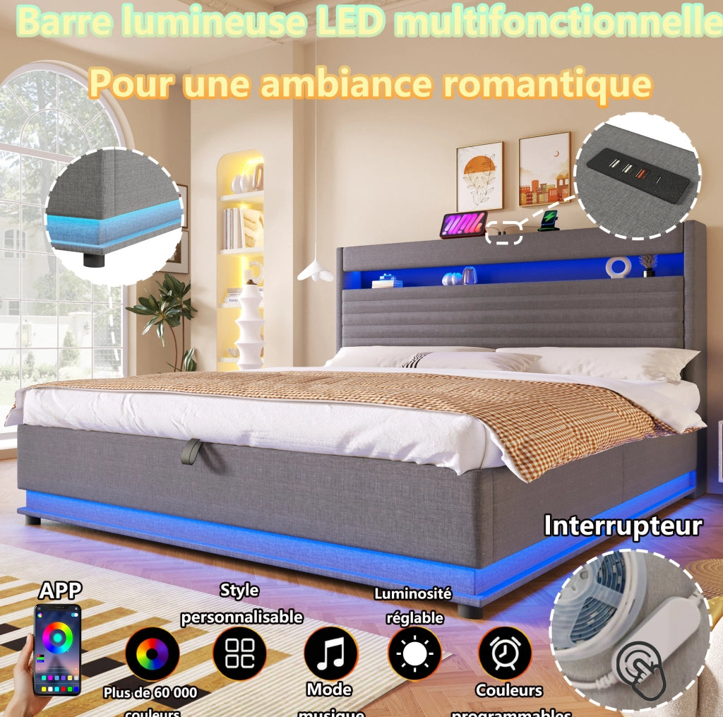 Letto imbottito 180 × 200 cm con contenitore idraulico; LED; USB e USB-C; lino grigio
