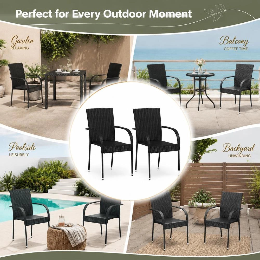 Stackable Garden Chairs, 2 Pieces, Poly Rattan, Black