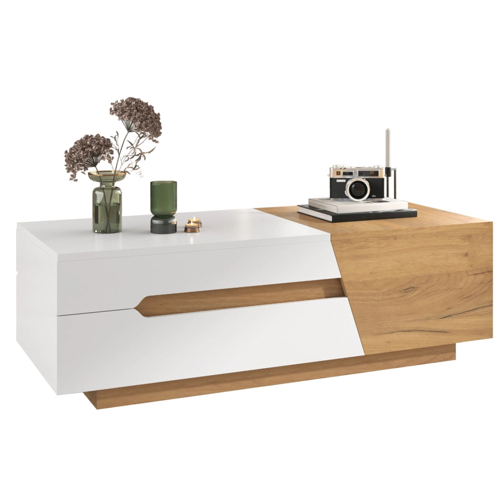 Tavolino da caffè con struttura scorrevole 120x50x37;5 cm; in MDF bianco e naturale