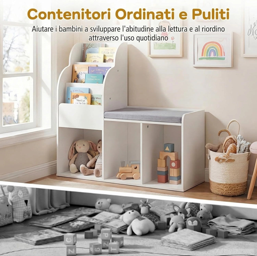 Libreria Montessori per Bambini con Panca Imbottita
Angolo Lettura con Scaffale a 3 Ripiani, 3 Scomparti Portaoggetti e Spazio Nascosto, Salvaspazio, 80 x 29,5 x 81,5 cm
