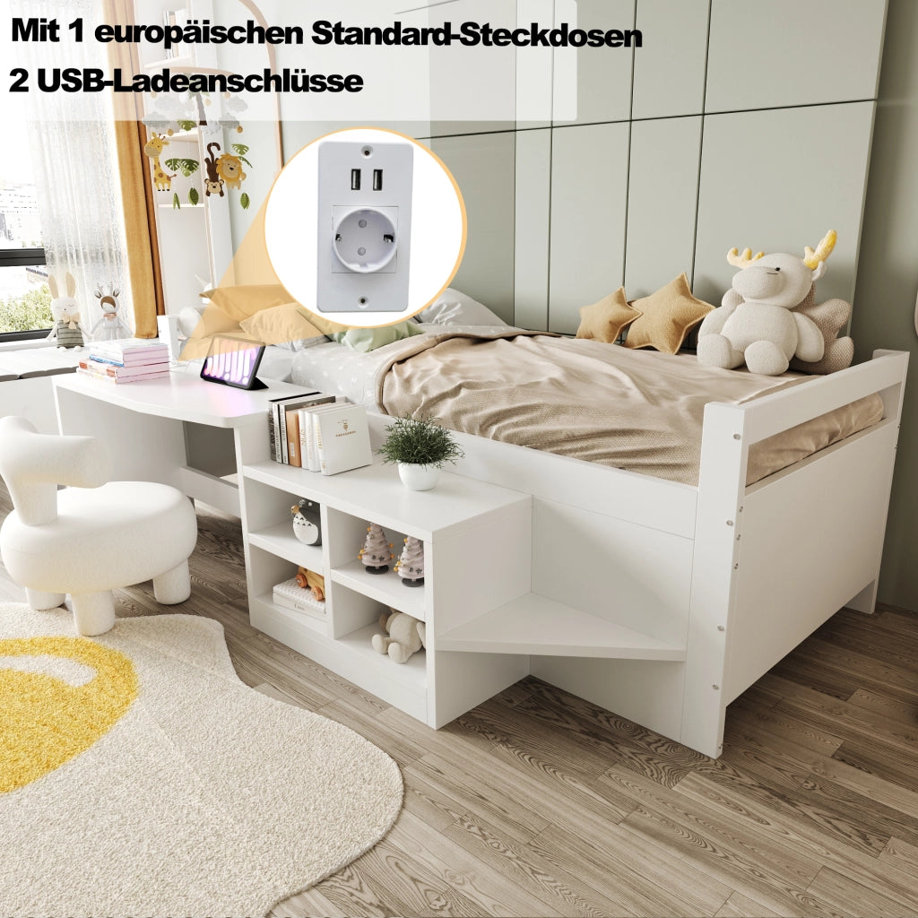 Letto per bambini in legno 90 x 200 cm con scomparti e scrivania con prese standard europeo, letto singolo - Bianco