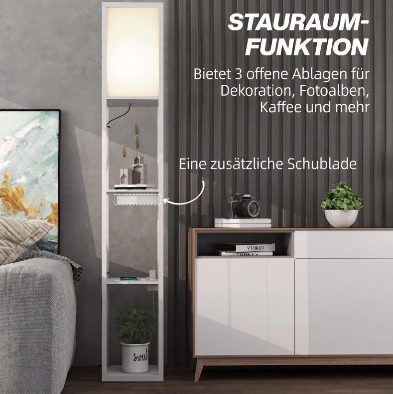 Lampada da terra bianca in MDF con 3 ripiani, interruttore a pedale e porte USB