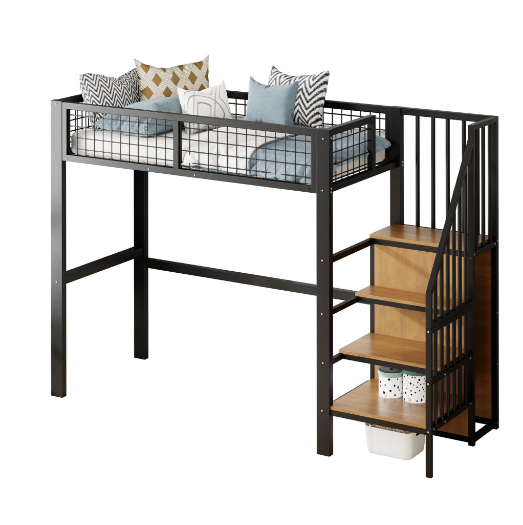 Letto a soppalco 90x200 cm nero in metallo con scala di sicurezza e armadio