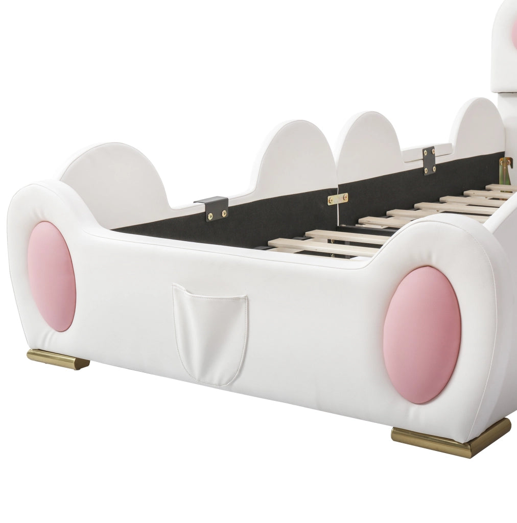 Letto singolo imbottito per bambini con scivolo e scaletta, testiera a forma di zampa di gatto, PU bianco e rosa, 90x200 cm