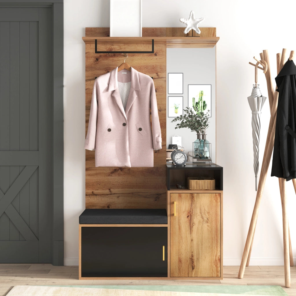 Set ingresso con appendiabiti, specchio, scarpiera, panca e ripiano superiore in legno e nero, 105x40x191,5 cm