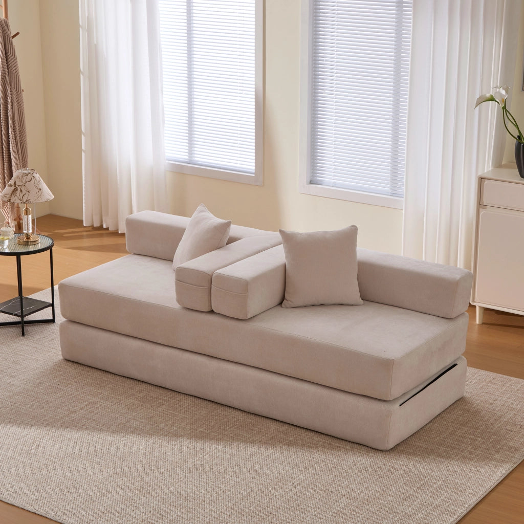 Divano modulare con tasche laterali e base antiscivolo in chenille beige