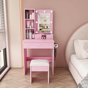 Set Trousse da Trucco ¨C Minimal ¨C Rosa, con Cassetti, Scaffale, LED Regolabile, Hocker Imbottito, 60x38x131.5 cm