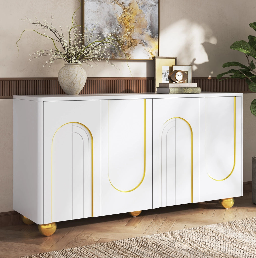 Sideboard bianco 4 ante con decoro dorato, 140x40x74 cm