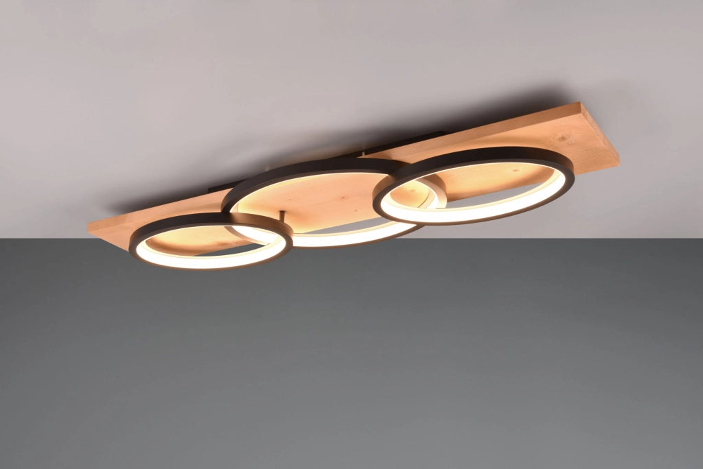 BARCA PLAFONIERA LED 40W 4700lm, 3000K TRIPLA ELLISSE METALLO BIANCO E LEGNO NATURALE CON DIMMERAZIONE AD INTERRUTTORE L. 97CM