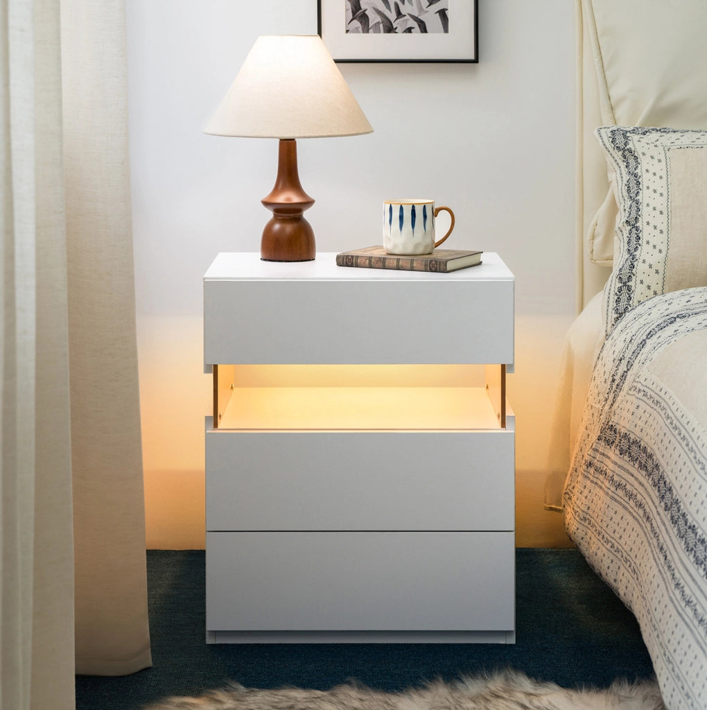 Comodino LED bianco con 3 cassetti e pannello acrilico